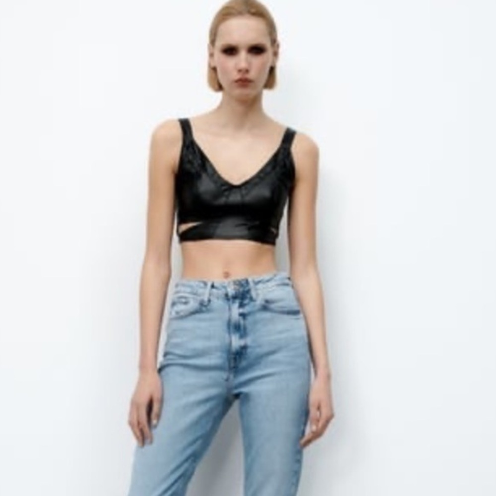 Zara Black Faux Leather V-Neck Crop Top
